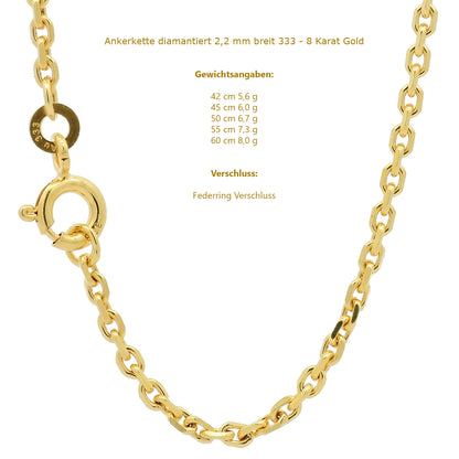 Goldkette Ankerkette diamantiert Halskette 2,2 mm 333-8 Karat Gold