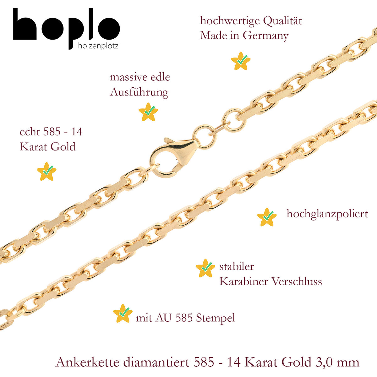 Goldkette Ankerkette diamantiert Halskette 3,0 mm 585 - 14 Karat Gold