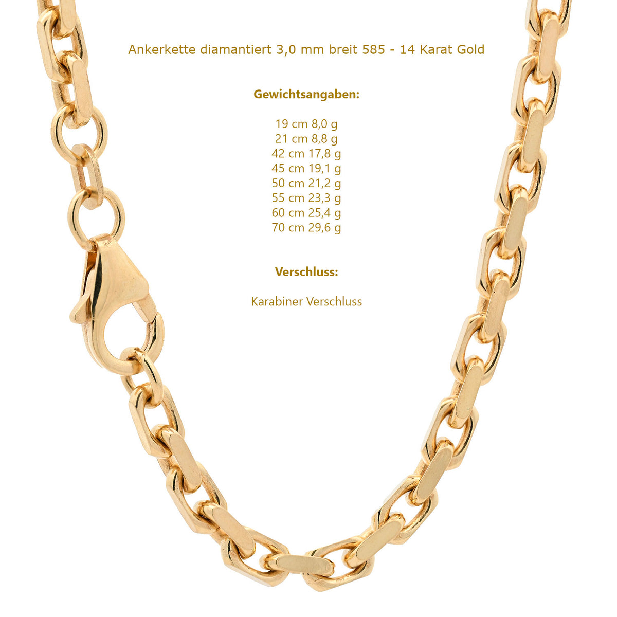 Goldkette Ankerkette diamantiert Halskette 3,0 mm 585 - 14 Karat Gold
