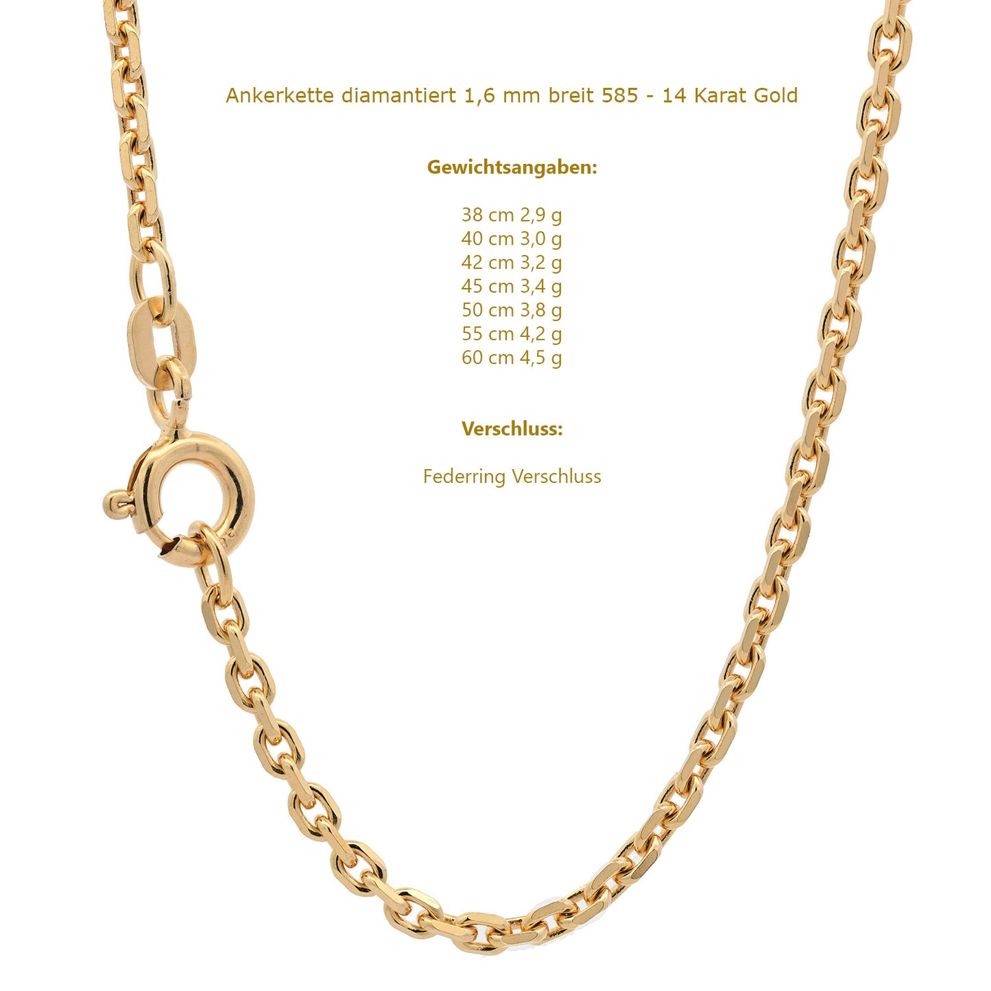 Goldkette Ankerkette diamantiert Halskette 1,6 mm - 585-14 Karat Gold