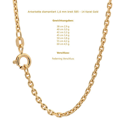 Goldkette Ankerkette diamantiert Halskette 1,6 mm - 585-14 Karat Gold