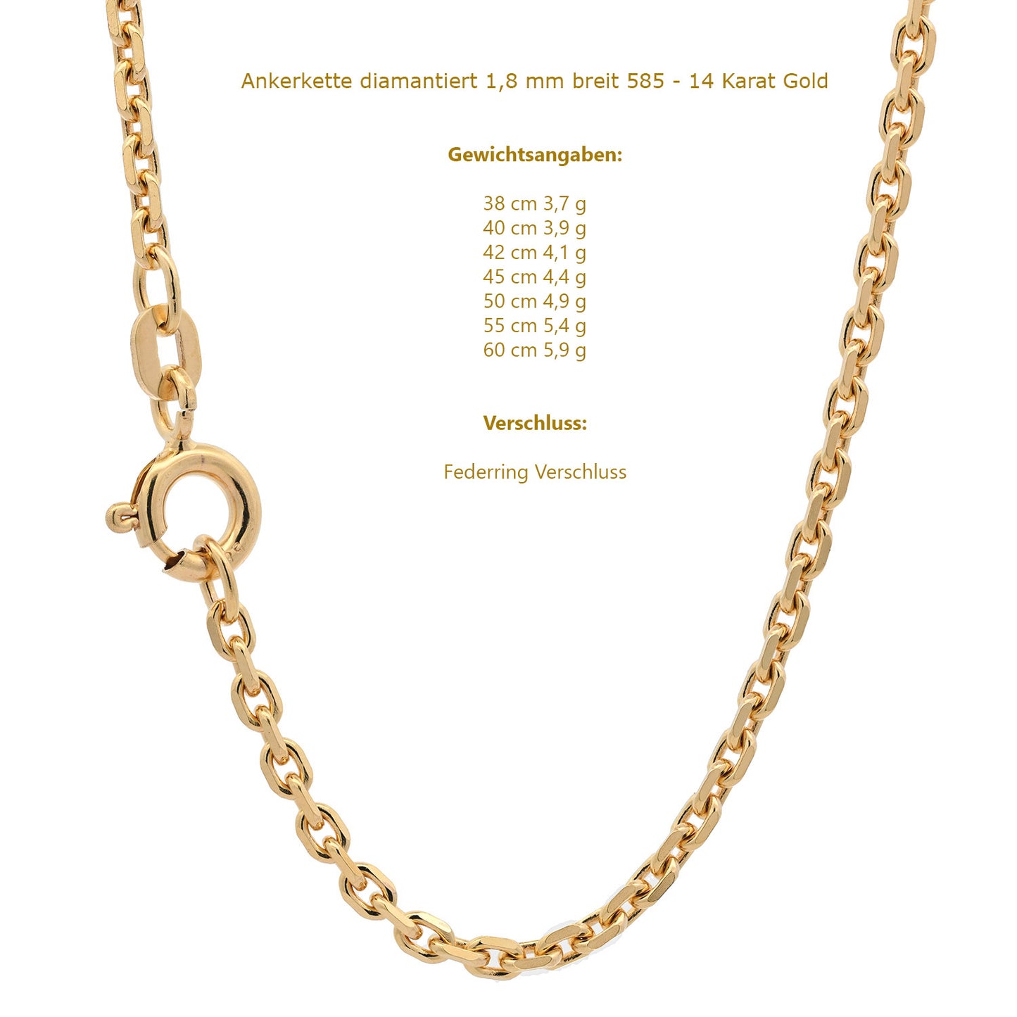 Goldkette Ankerkette diamantiert Halskette 1,8 mm - 585-14 Karat Gold