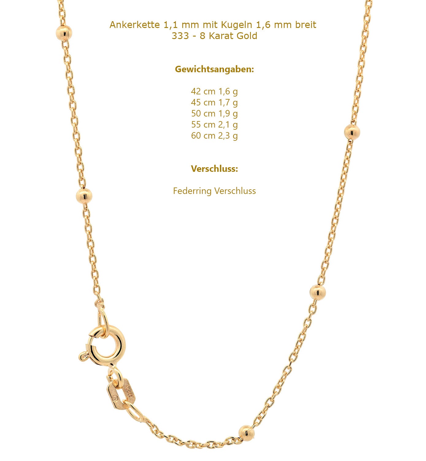 Goldkette Ankerkette mit Kügelchen Halskette 1,1 mm 333-8 Karat Gold