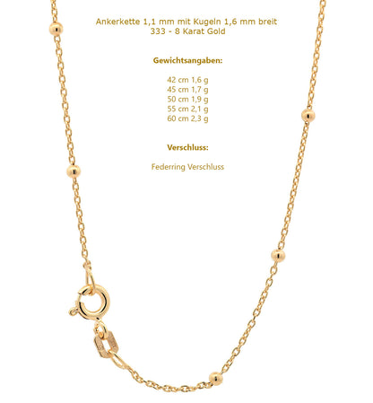 Goldkette Ankerkette mit Kügelchen Halskette 1,1 mm 333-8 Karat Gold