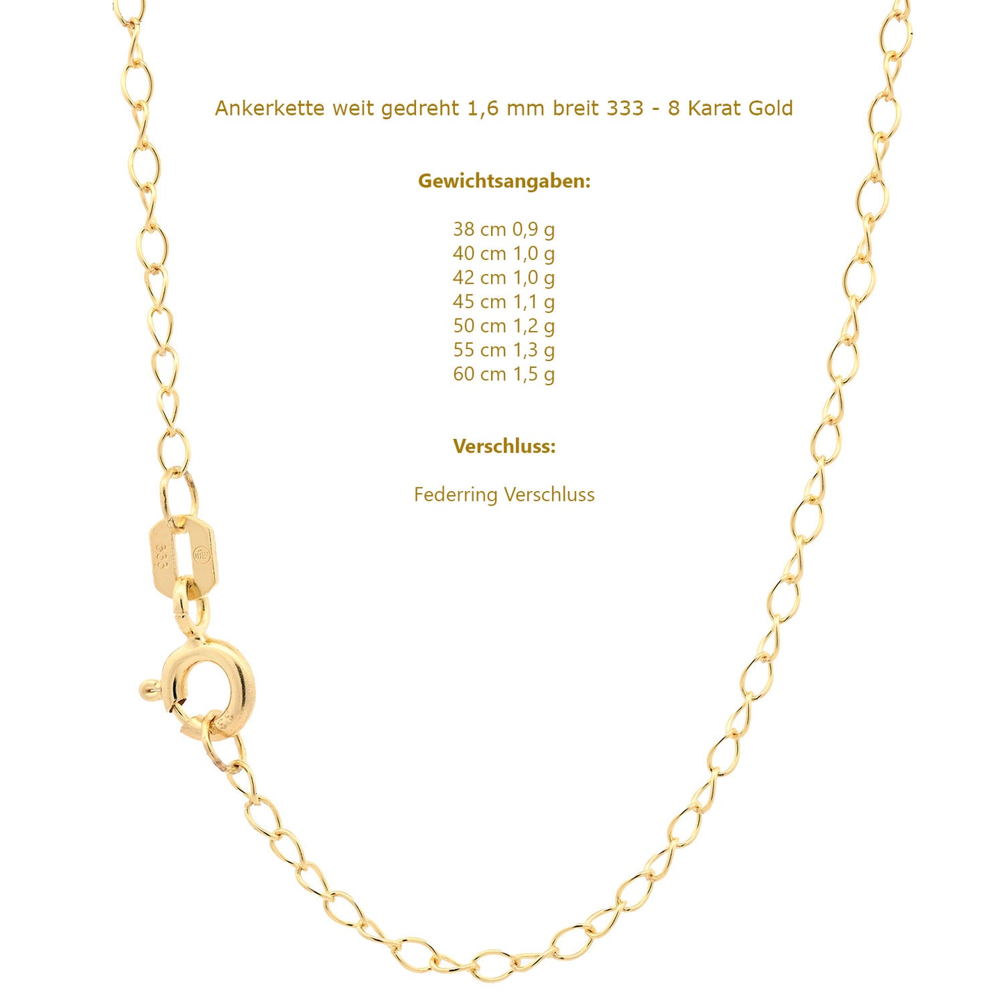 Goldkette Ankerkette weit gedreht Halskette 1,6 mm 333-8 Karat Gold