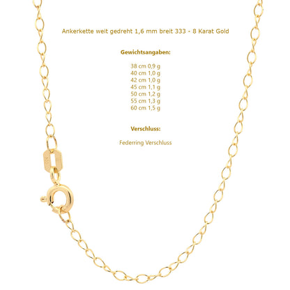 Goldkette Ankerkette weit gedreht Halskette 1,6 mm 333-8 Karat Gold