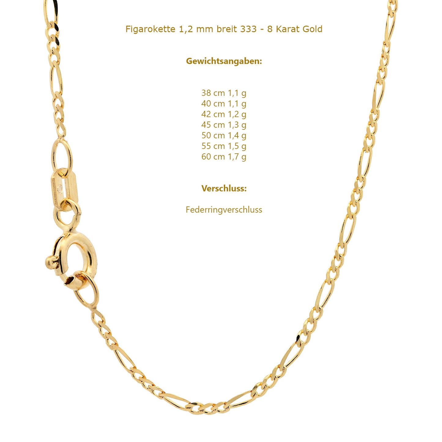 Goldkette Figarokette Halskette Breite 1,2mm massiv 333 - 8 Karat Gold