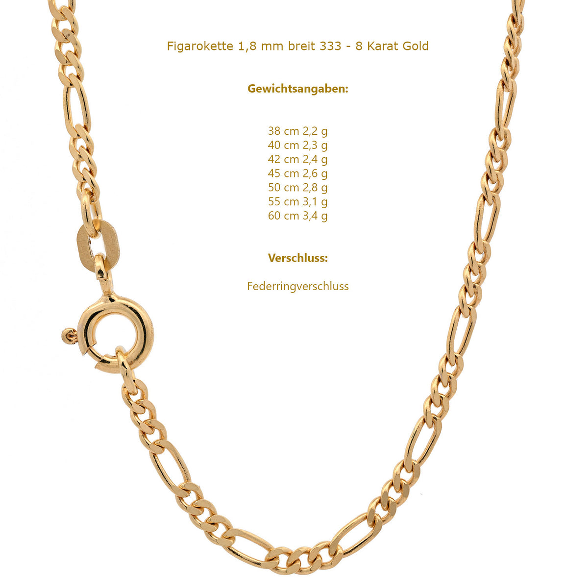 Goldkette Figarokette Halskette Breite 1,8 mm massiv 333- 8 Karat Gold