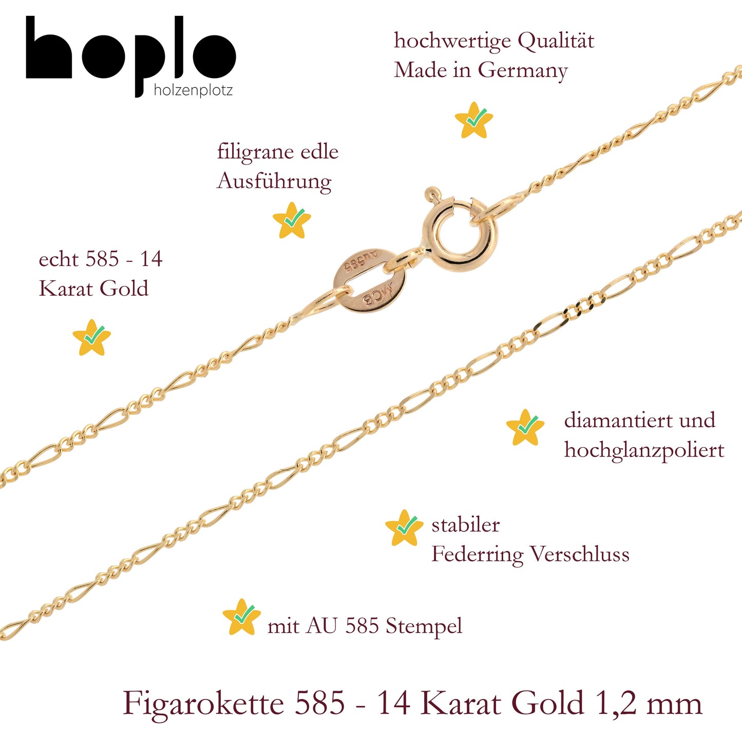 Goldkette Figarokette Halskette Breite 1,2 mm massiv 585-14 Karat Gold