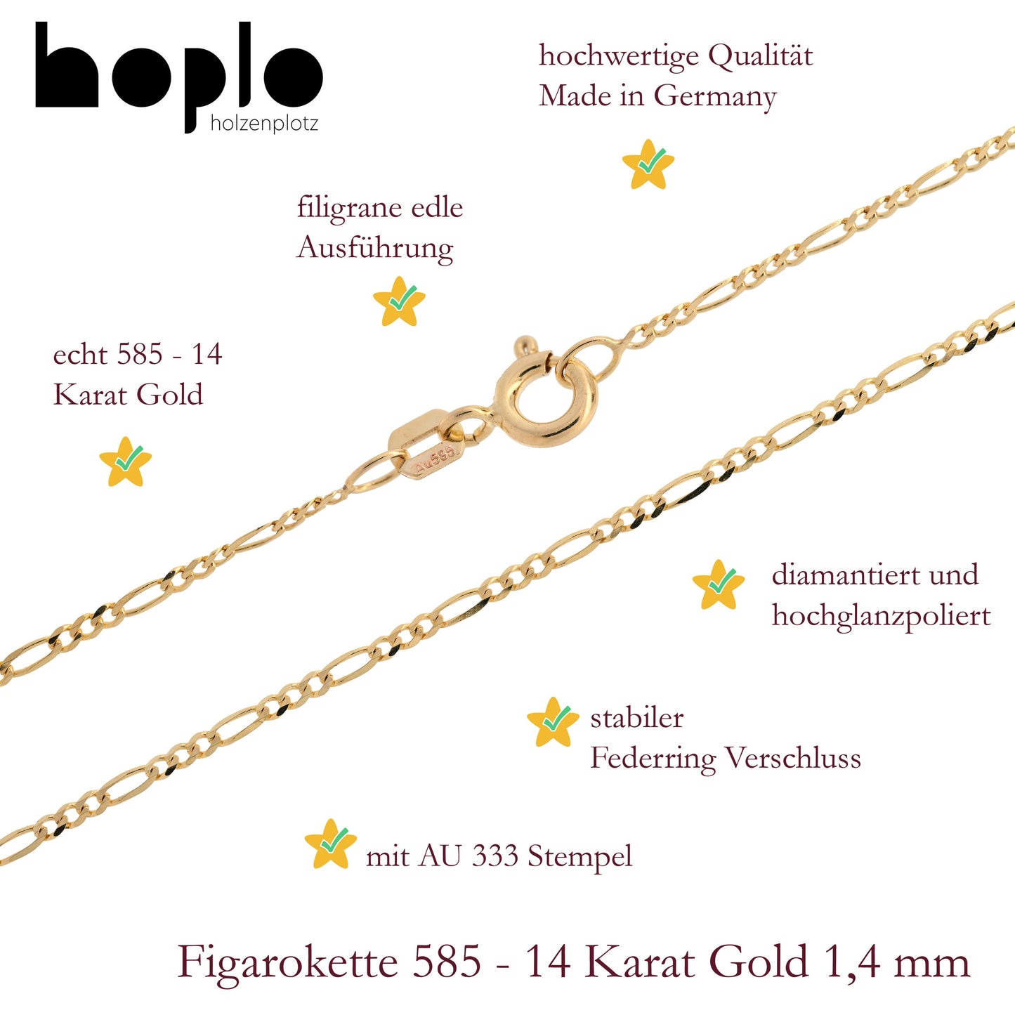 Goldkette Figarokette Halskette Breite 1,4 mm massiv 585-14 Karat Gold