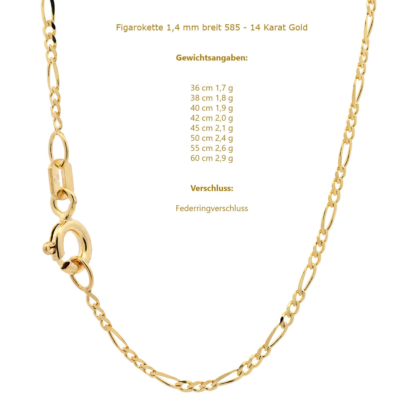 Goldkette Figarokette Halskette Breite 1,4 mm massiv 585-14 Karat Gold