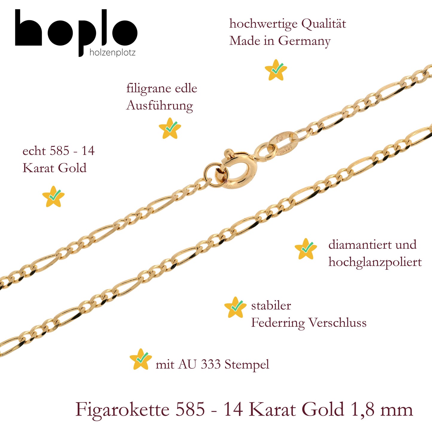 Goldkette Figarokette Halskette Breite 1,8 mm massiv 585-14 Karat Gold