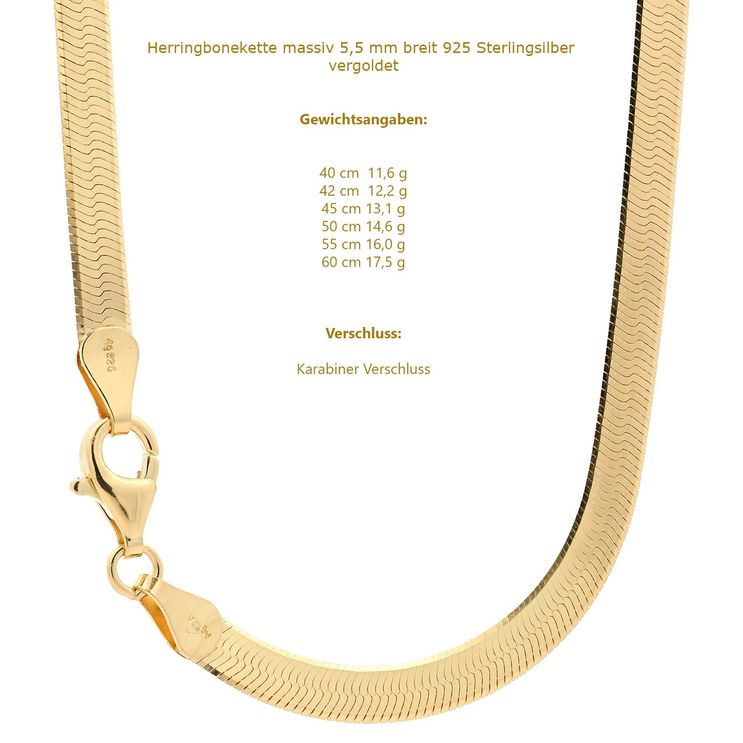 Silberkette Halskette Herringbonekette 5,5 mm 925 Silber vergoldet