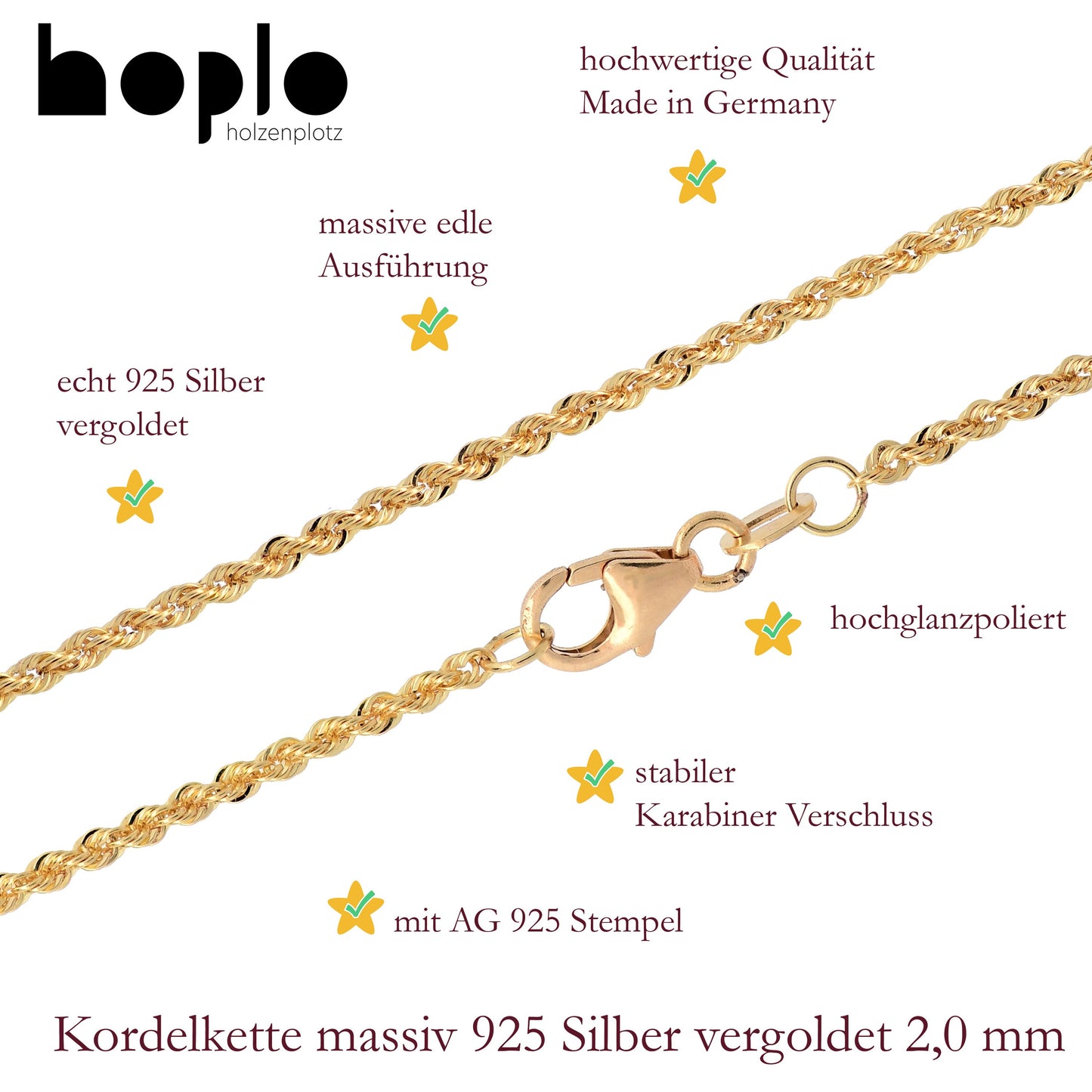 Silberkette Halskette Kordelkette  Breite 2,0 mm 925 Silber vergoldet