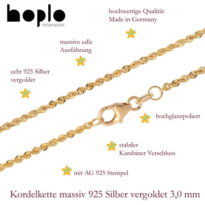 Silberkette Halskette Kordelkette  Breite 3,0 mm 925 Silber vergoldet