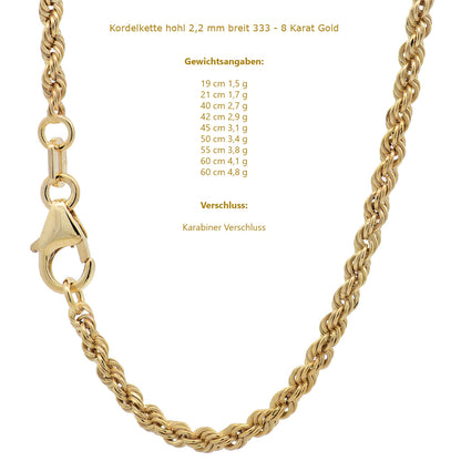 Goldkette Kordelkette hohl Halskette Breite 2,2 mm - 333-8 Karat Gold