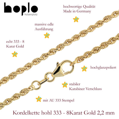Goldkette Kordelkette hohl Halskette Breite 2,2 mm - 333-8 Karat Gold