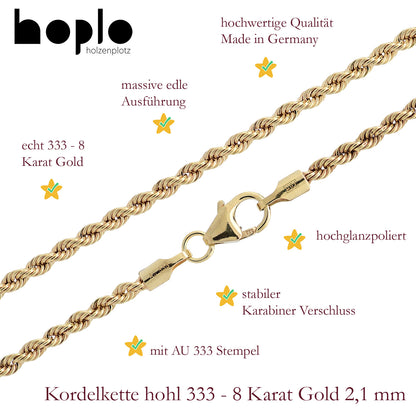 Goldkette Kordelkette hohl Halskette Breite 2,1 mm - 333-8 Karat Gold
