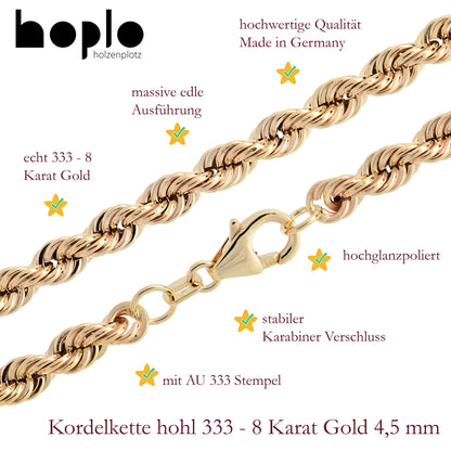 Goldkette Kordelkette hohl Halskette Breite 4,5 mm - 333-8 Karat Gold