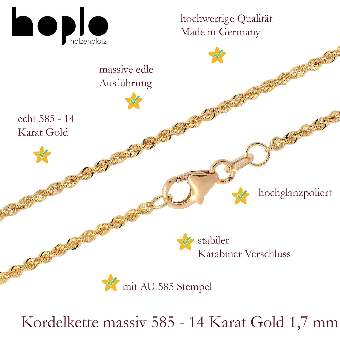 Goldkette Kordelkette massiv Halskette 585-14 Karat Gold Breite 1,7mm