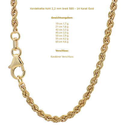 Goldkette Kordelkette hohl Halskette Breite 2,2 mm - 585-14 Karat Gold