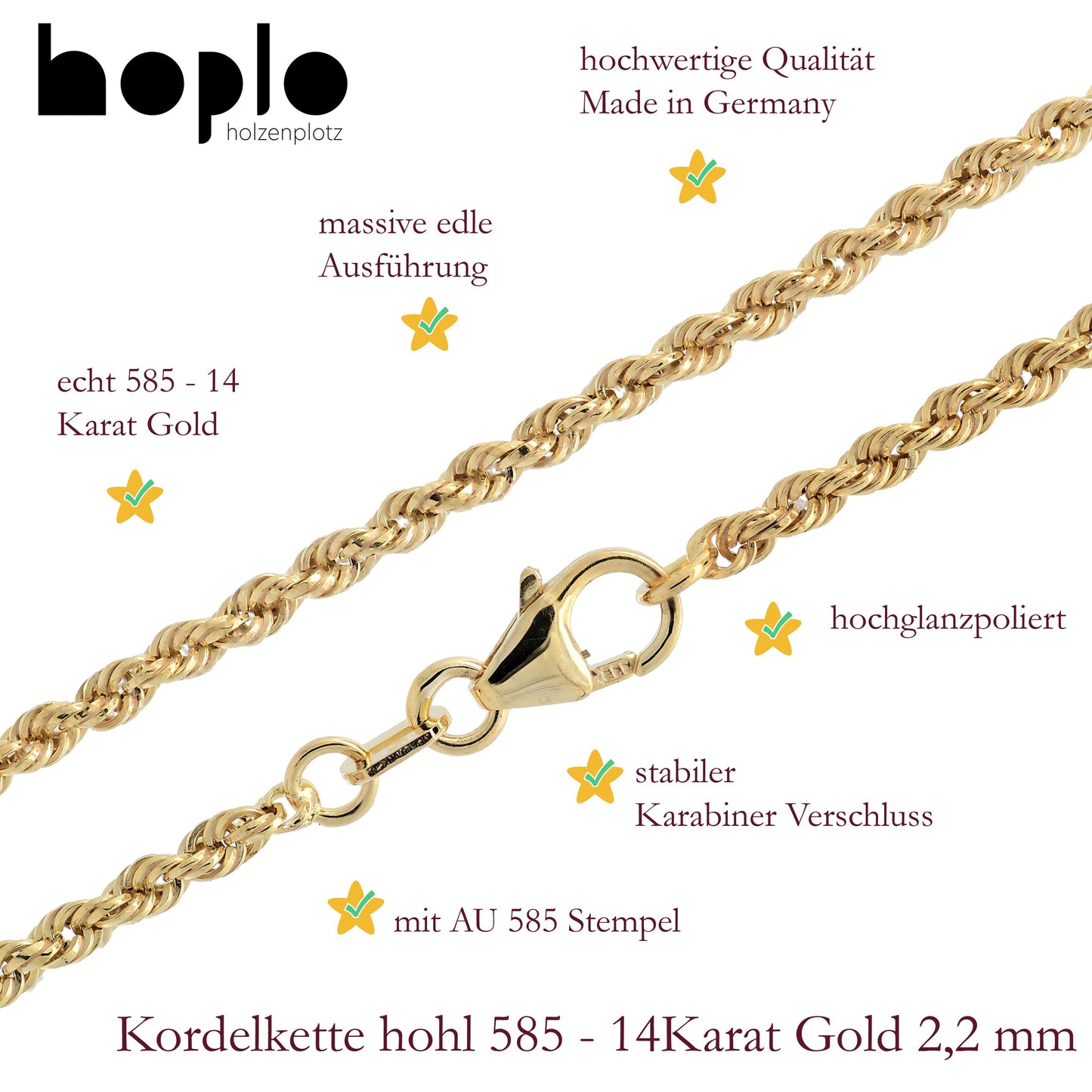 Goldkette Kordelkette hohl Halskette Breite 2,2 mm - 585-14 Karat Gold