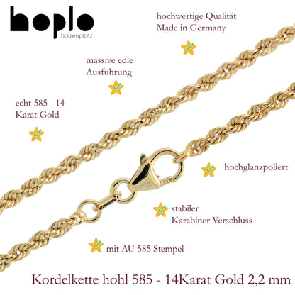 Goldkette Kordelkette hohl Halskette Breite 2,2 mm - 585-14 Karat Gold