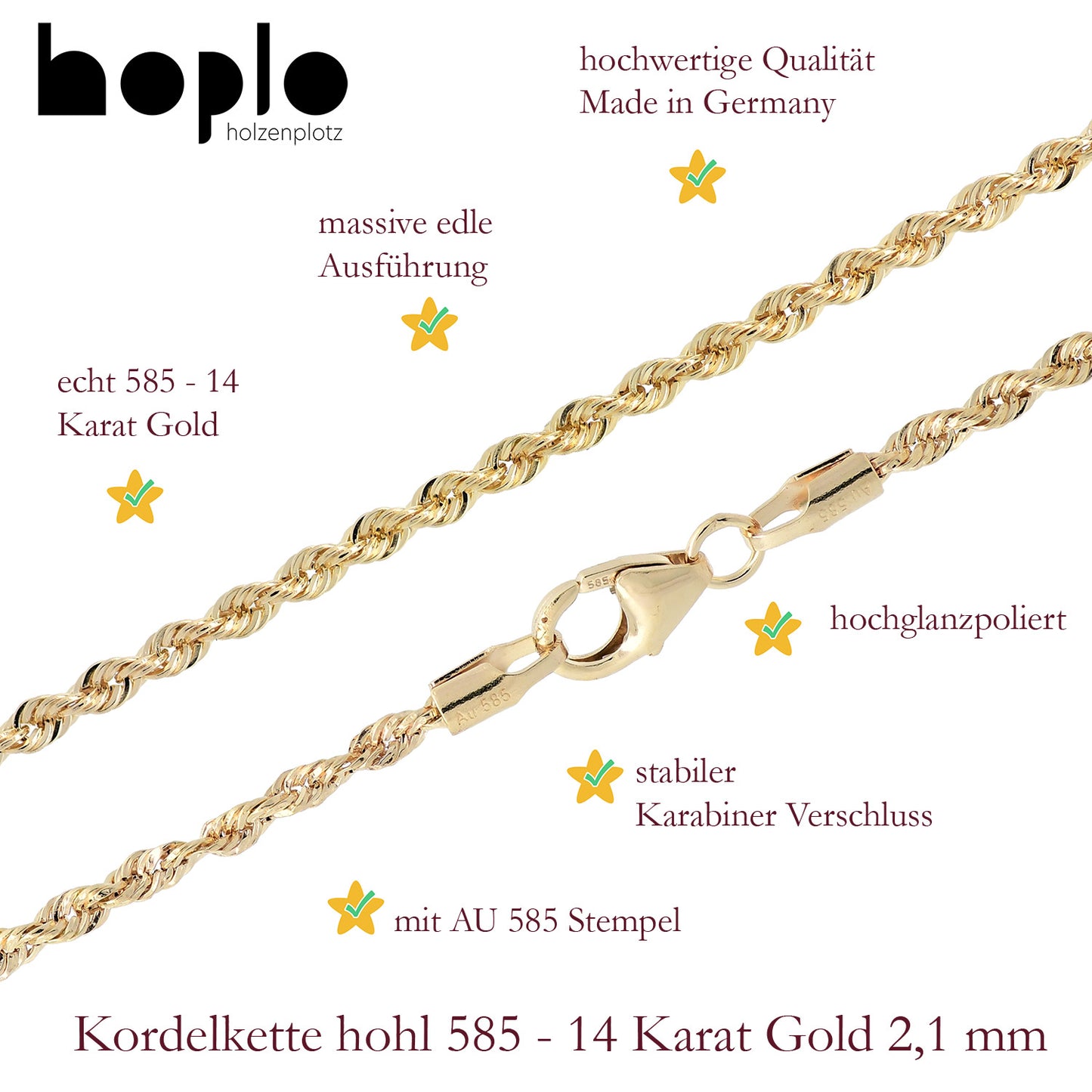 Goldkette Kordelkette hohl Halskette Breite 2,1 mm - 585-14 Karat Gold