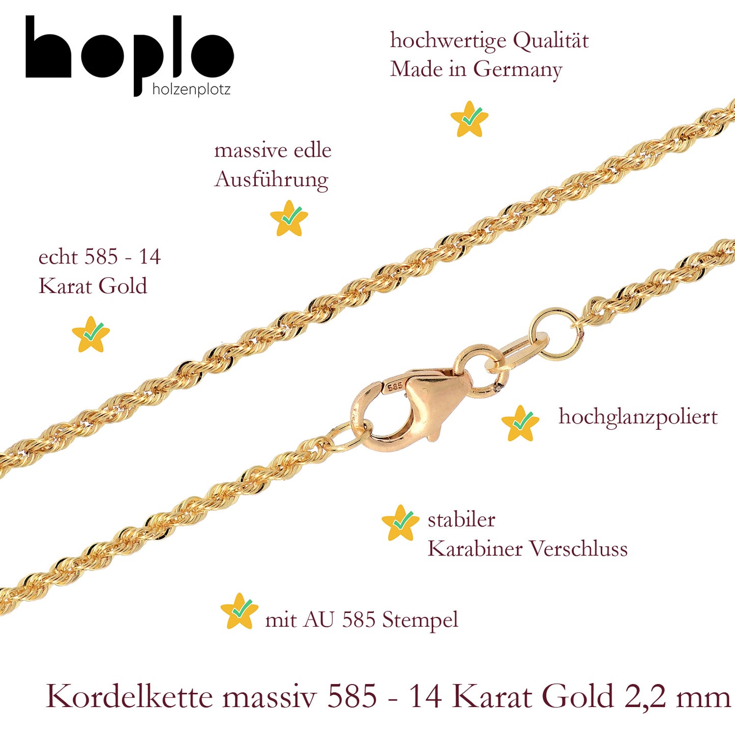 Goldkette Kordelkette massiv Halskette 585-14 Karat Gold Breite 2,2 mm