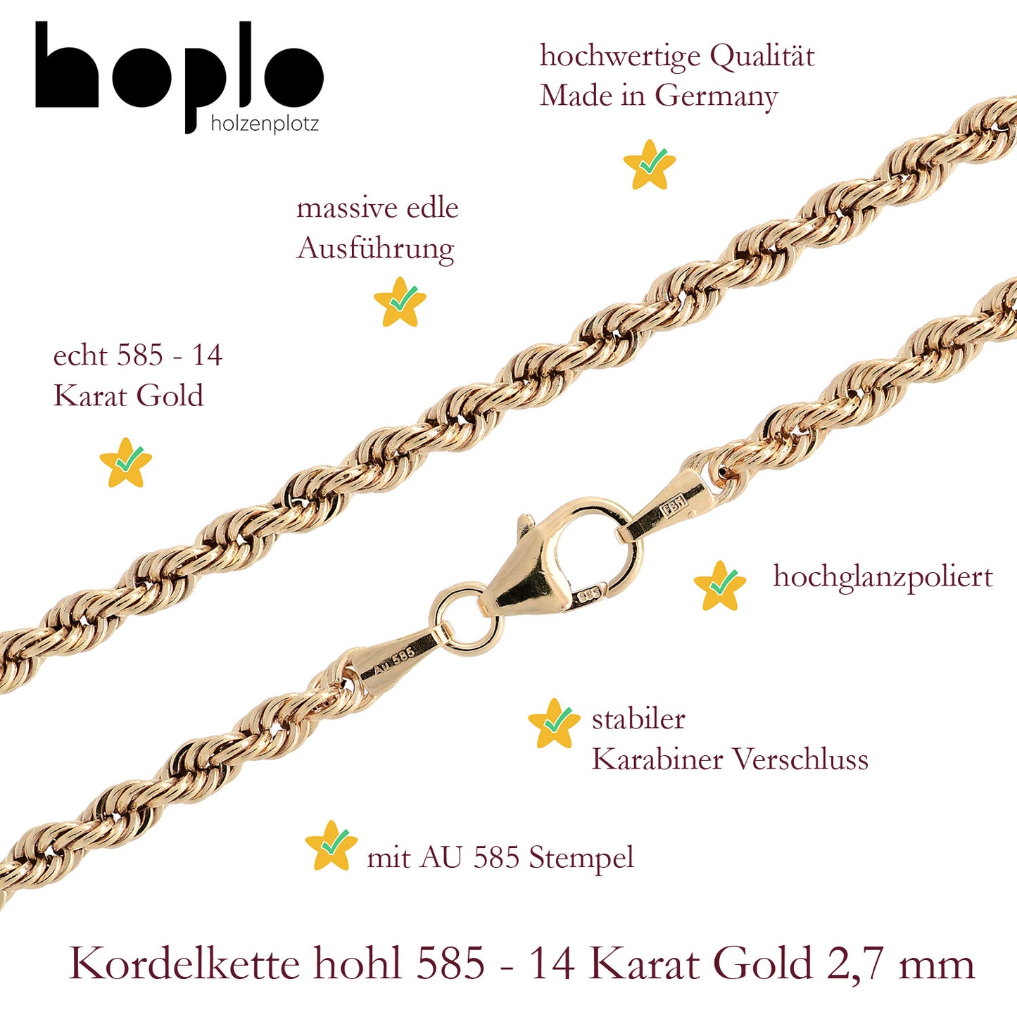 Goldkette Kordelkette hohl Halskette Breite 2,7 mm - 585-14 Karat Gold