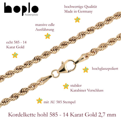 Goldkette Kordelkette hohl Halskette Breite 2,7 mm - 585-14 Karat Gold