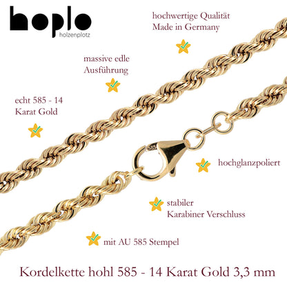 Goldkette Kordelkette hohl Halskette Breite 3,3 mm - 585-14 Karat Gold