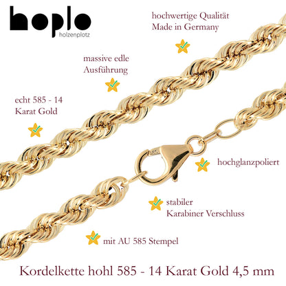 Goldkette Kordelkette hohl Halskette Breite 4,5 mm - 585-14 Karat Gold
