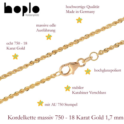 Goldkette Kordelkette massiv Halskette 750-18 Karat Gold Breite 1,7 mm
