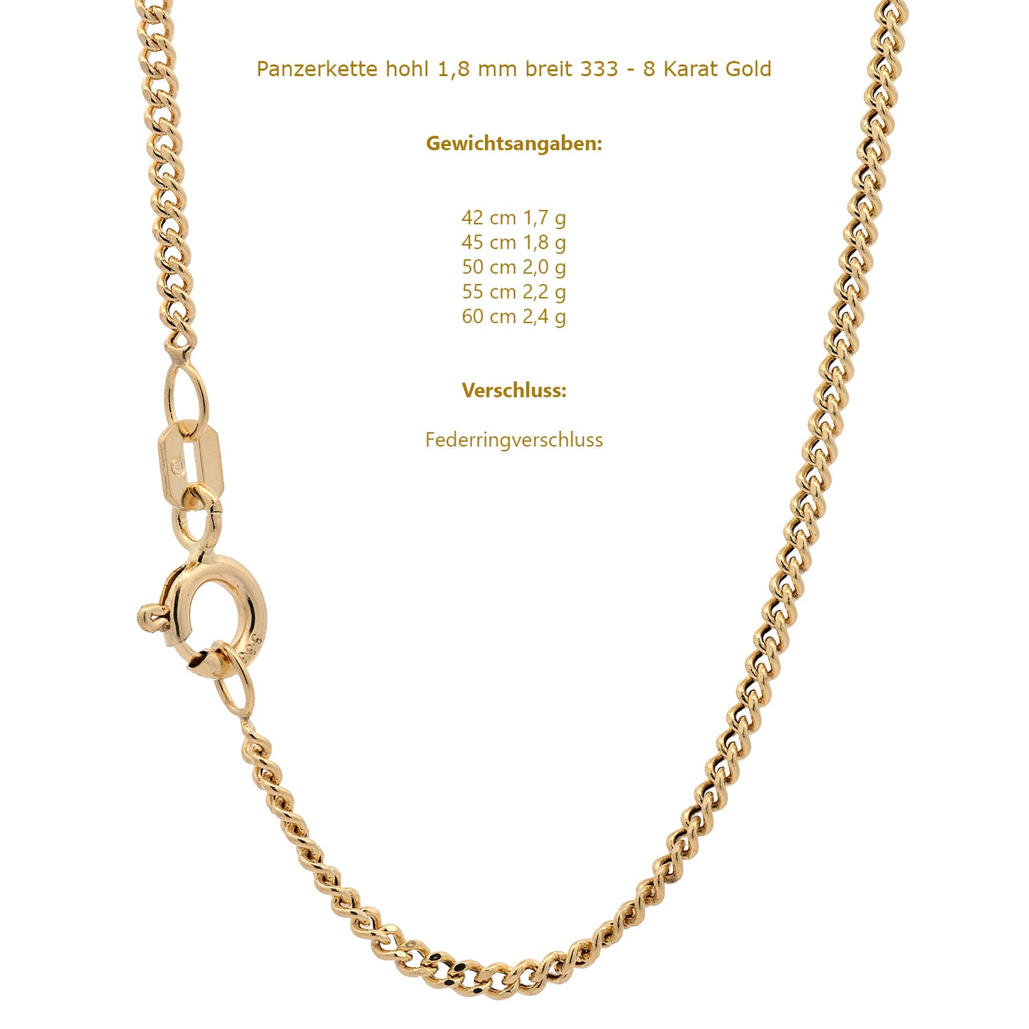 Goldkette Panzerkette hohl Halskette Breite 1,8 mm 333 - 8 Karat Gold