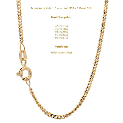Goldkette Panzerkette hohl Halskette Breite 1,8 mm 333 - 8 Karat Gold