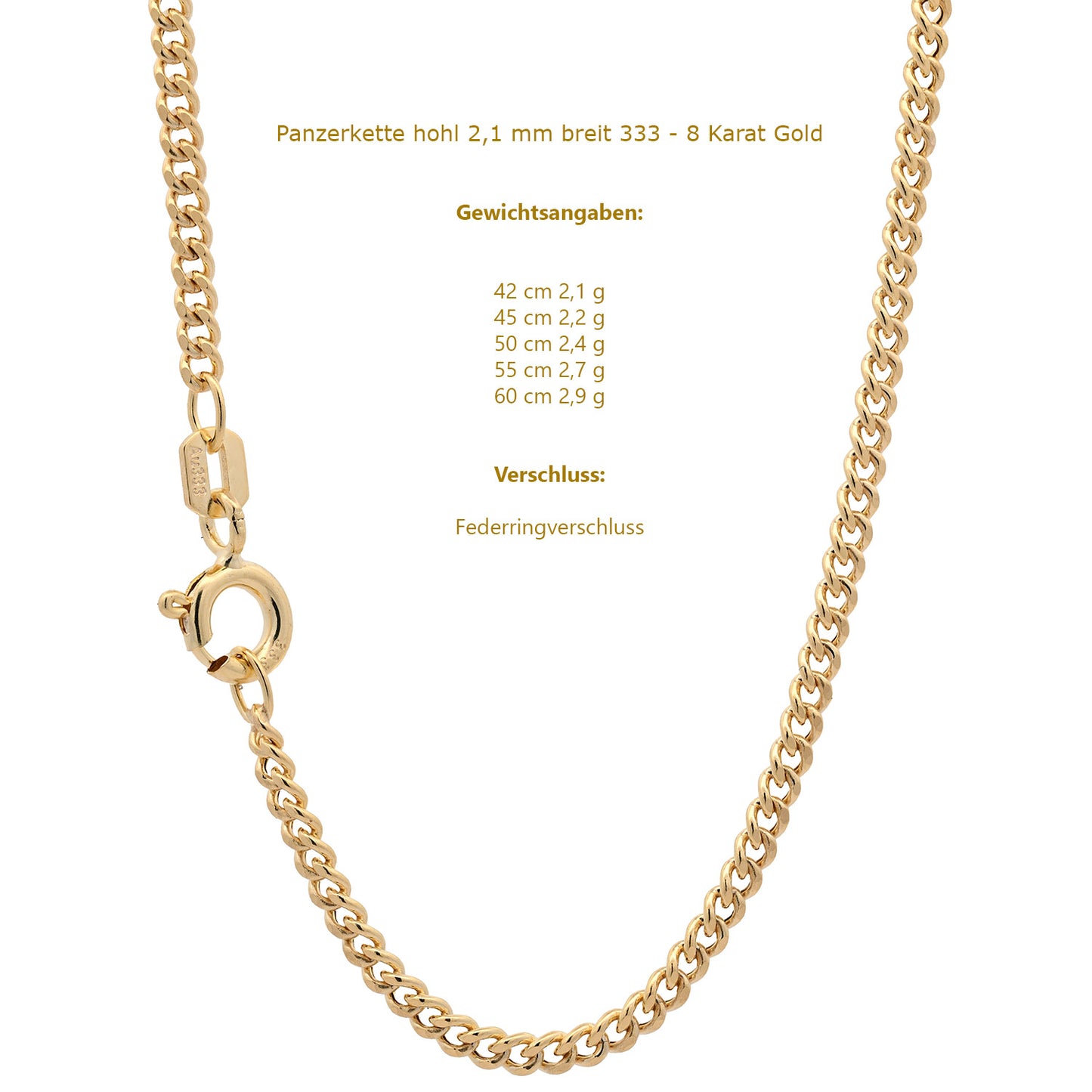 Goldkette Panzerkette hohl Halskette Breite 2,1 mm 333 - 8 Karat Gold