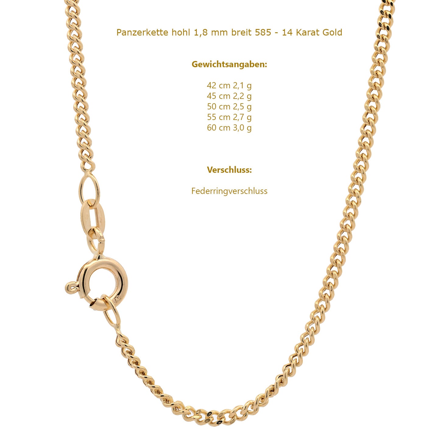 Goldkette Panzerkette hohl Halskette Breite 1,8 mm 585 - 14 Karat Gold