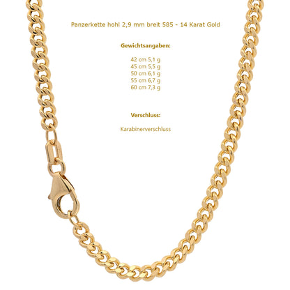 Goldkette Panzerkette hohl Halskette Breite 2,9 mm 585 - 14 Karat Gold