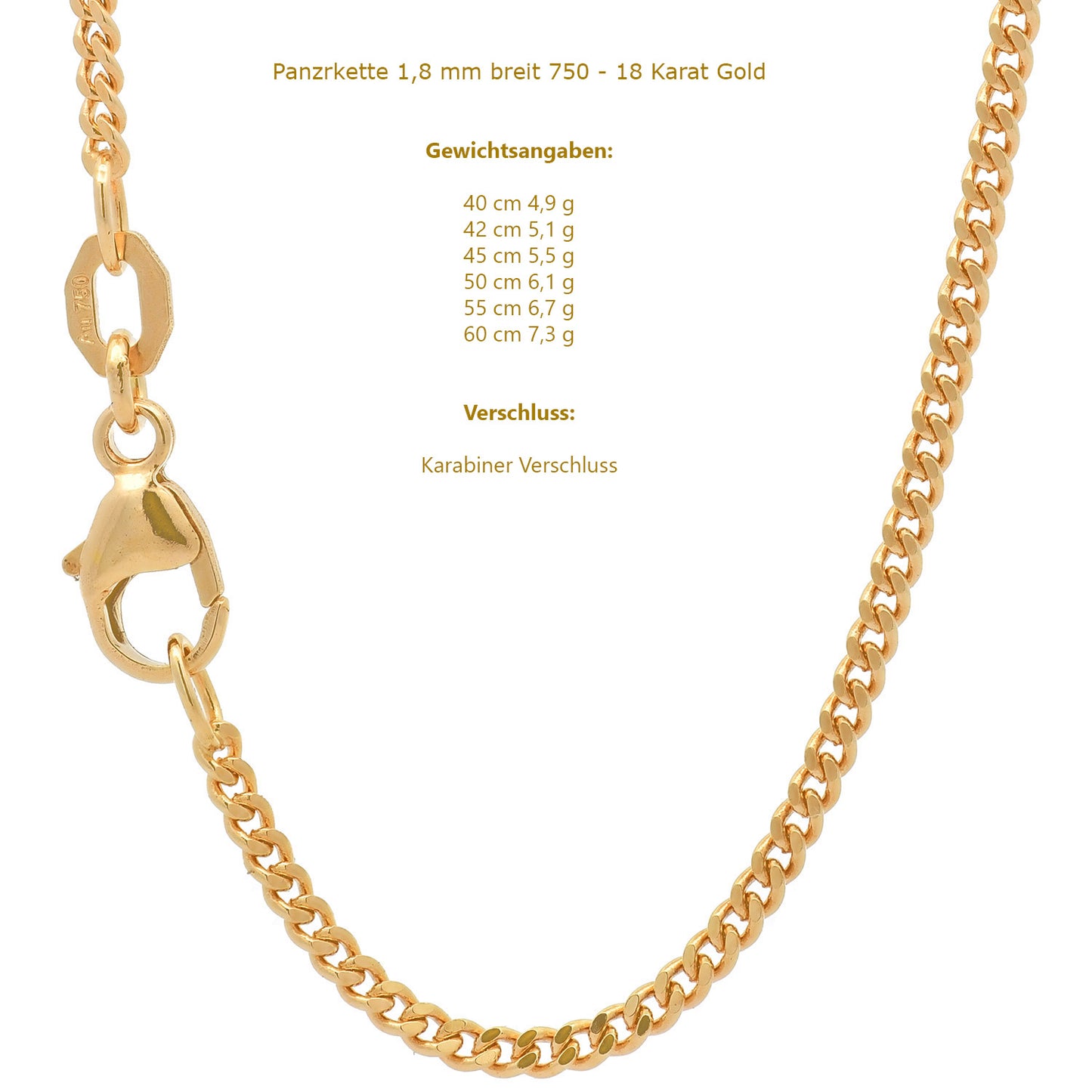 Goldkette Panzerkette Halskette Breite 1,8 mm massiv 750-18 Karat Gold