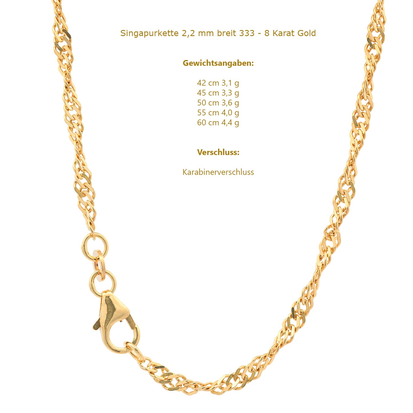 Goldkette Singapurkette Halskette Breite 2,2 mm 333-8 Karat  echt Gold