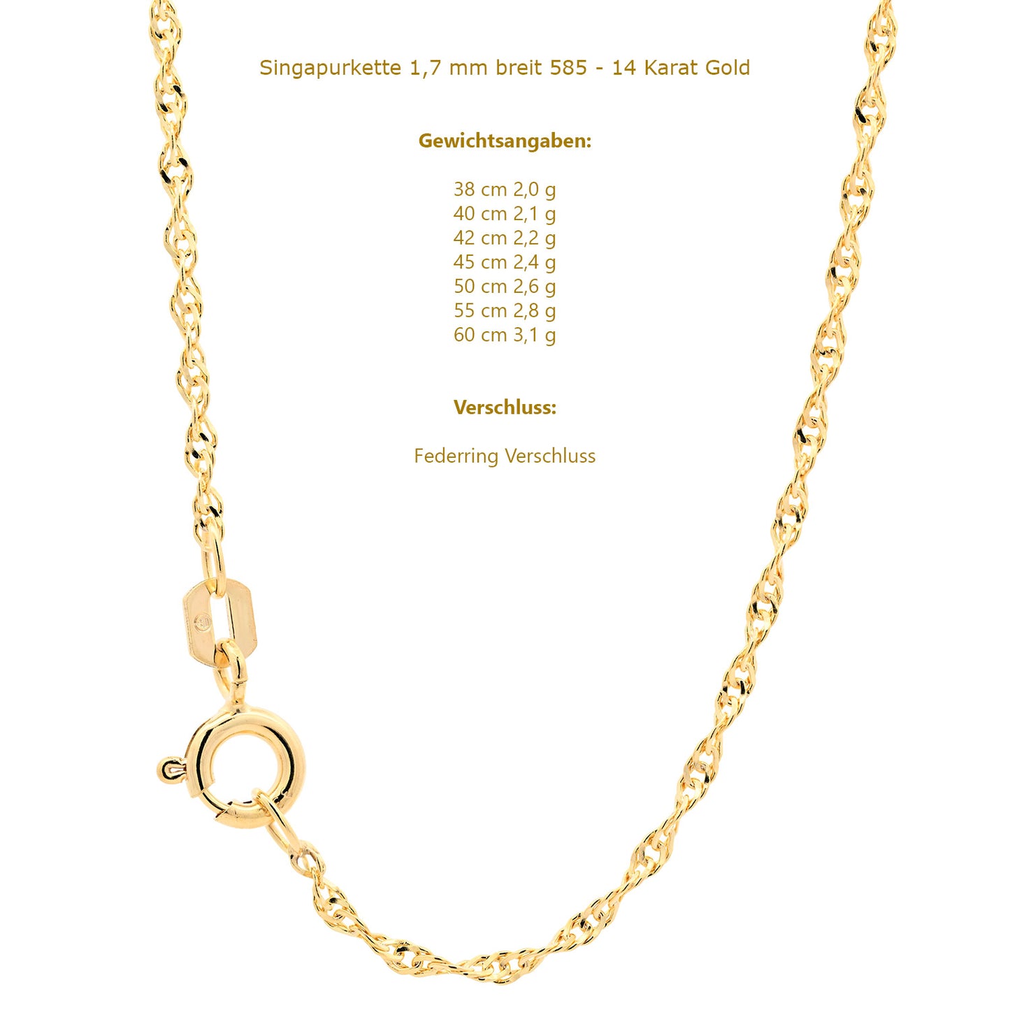 Goldkette Singapurkette Halskette Breite 1,7 mm echt 585-14 Karat Gold
