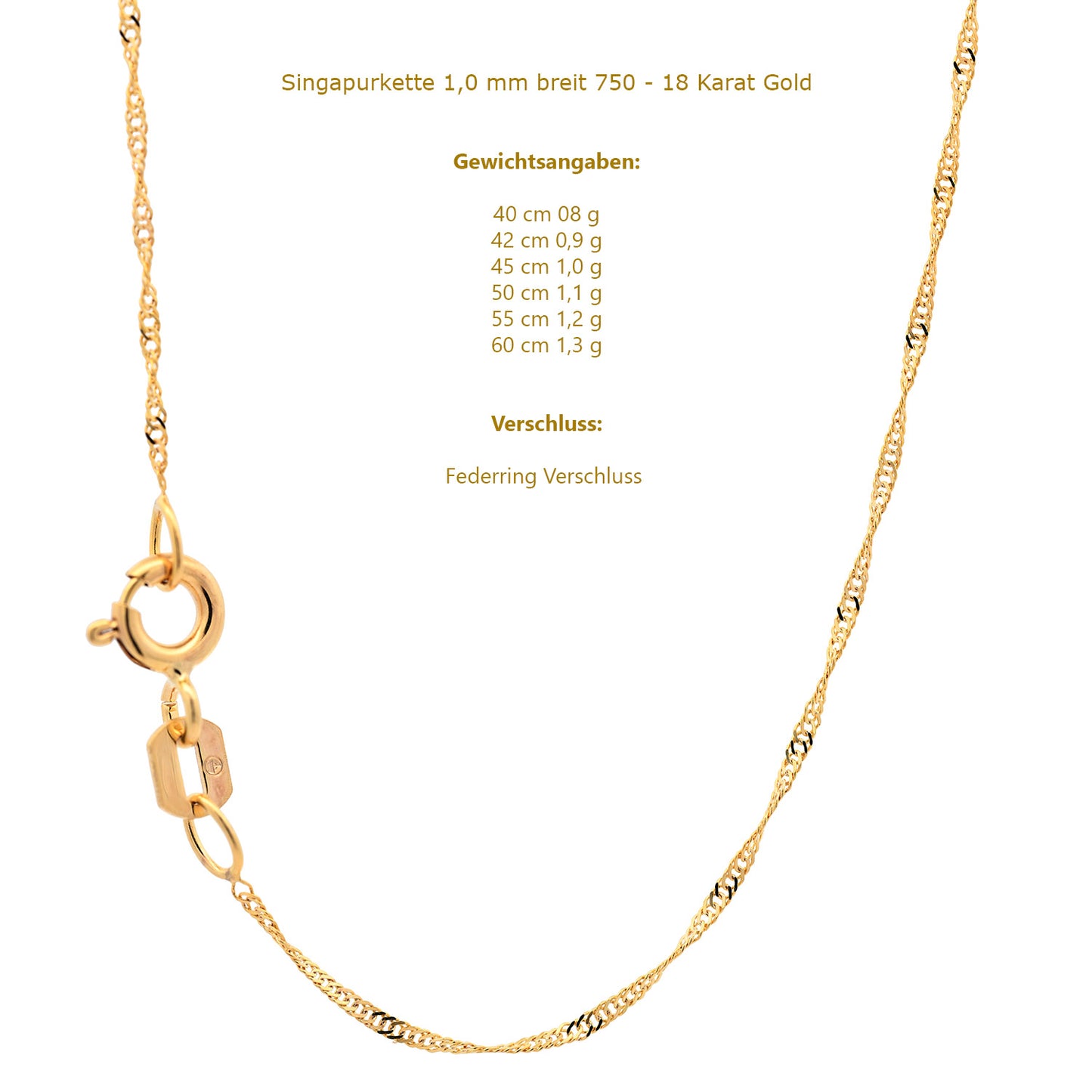Goldkette Singapurkette Halskette Breite 1,0mm 750-18 Karat  echt Gold