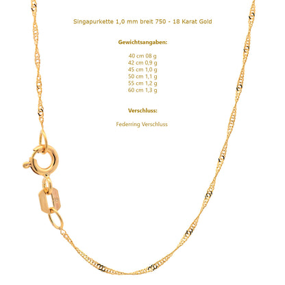 Goldkette Singapurkette Halskette Breite 1,0mm 750-18 Karat  echt Gold