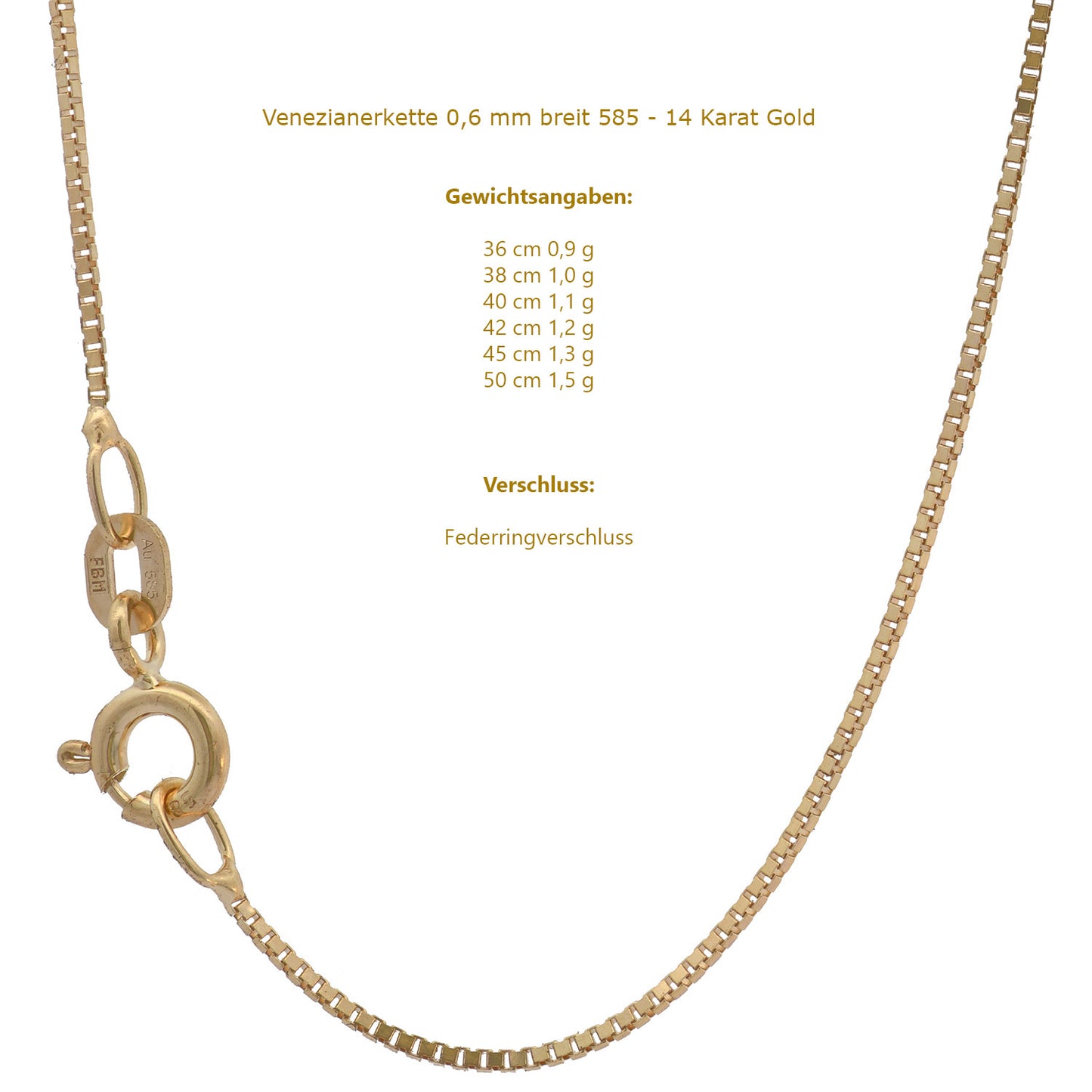 Goldkette Venezianerkette Halskette Breite 0,6 mm - 585-14 Karat Gold