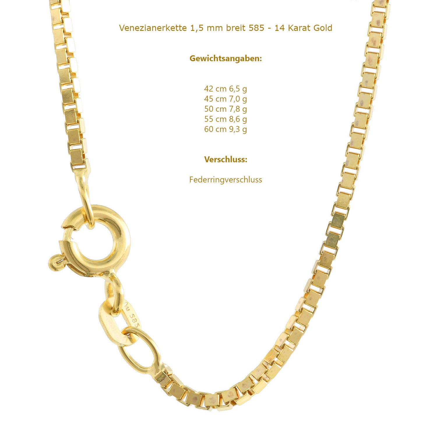 Goldkette Venezianerkette Halskette Breite 1,5 mm - 585-14 Karat Gold