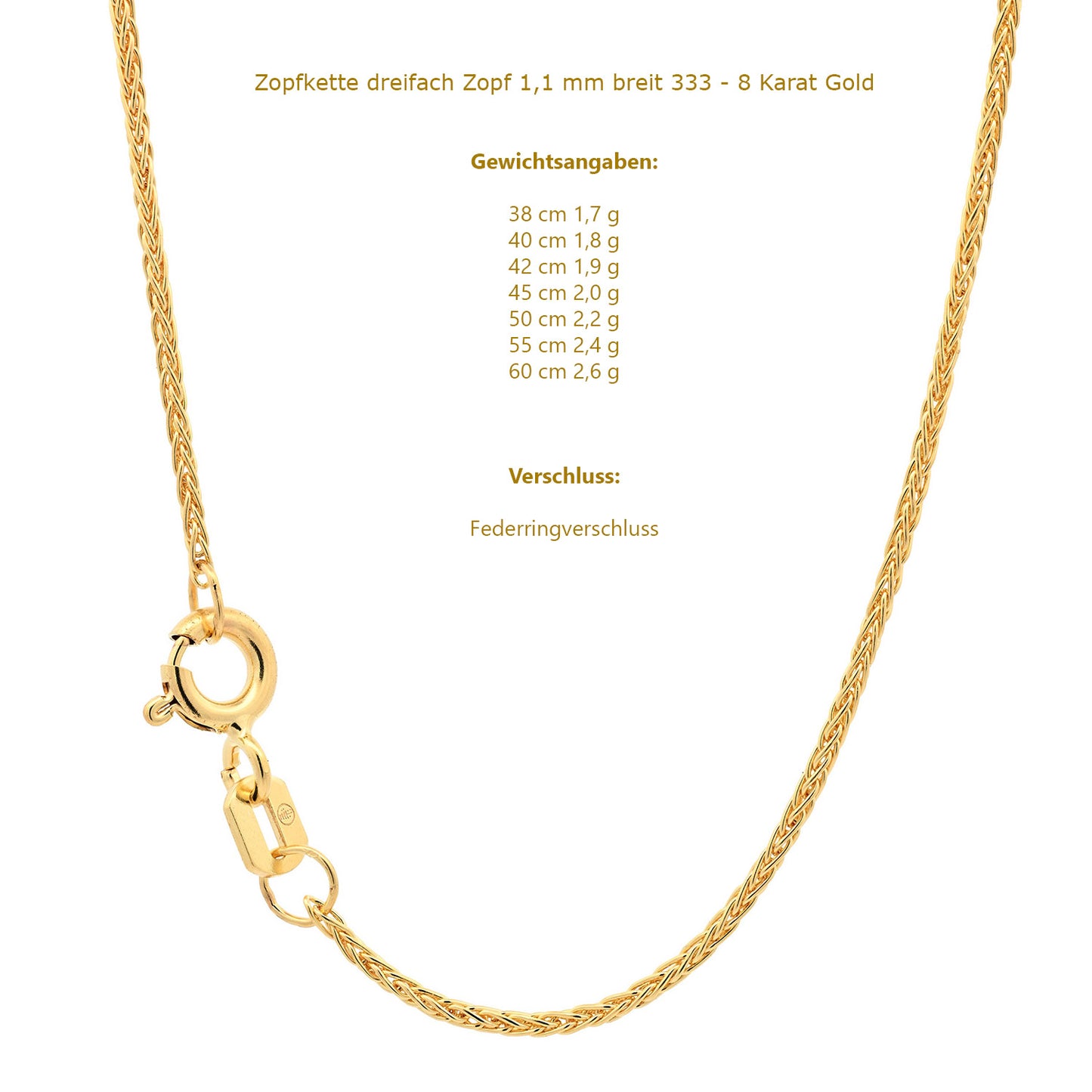 Goldkette Zopfkette Halskette Breite 1,1 mm massiv 333 - 8 Karat Gold