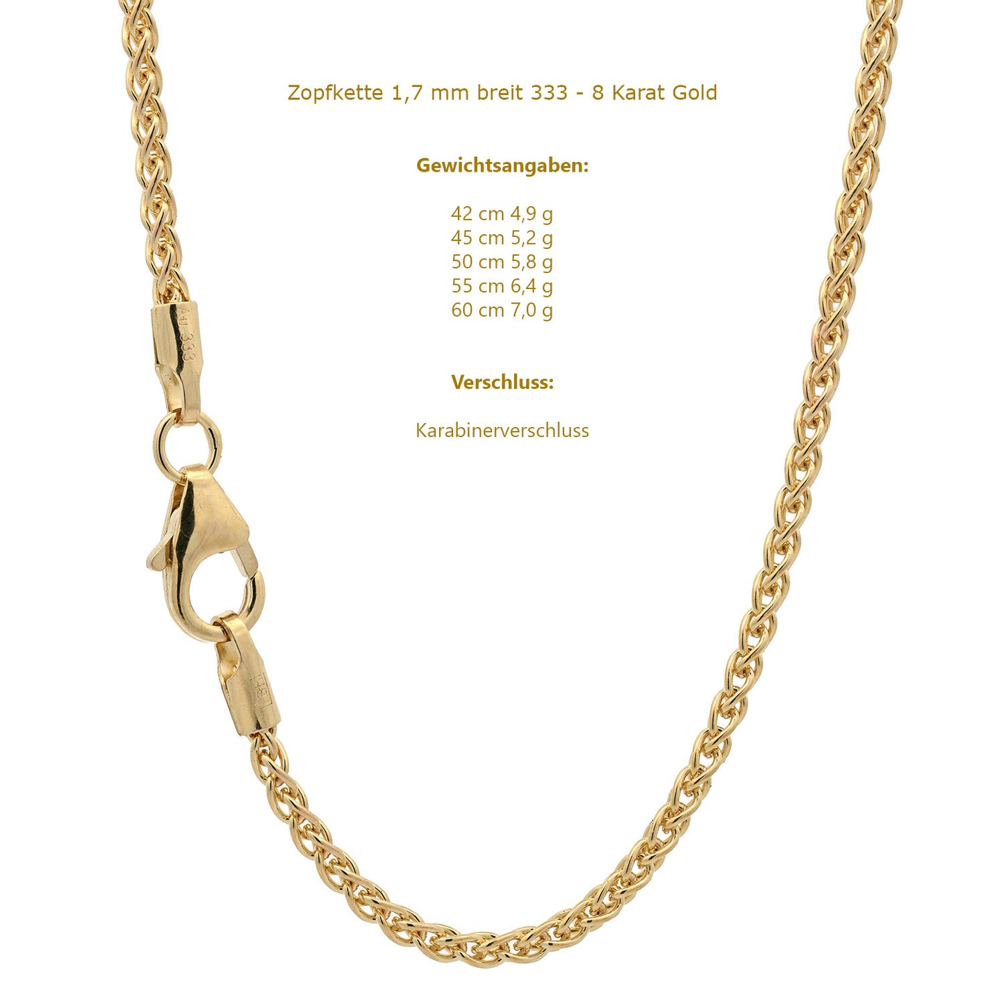 Goldkette Zopfkette Halskette Breite 1,7 mm massiv 333 - 8 Karat Gold