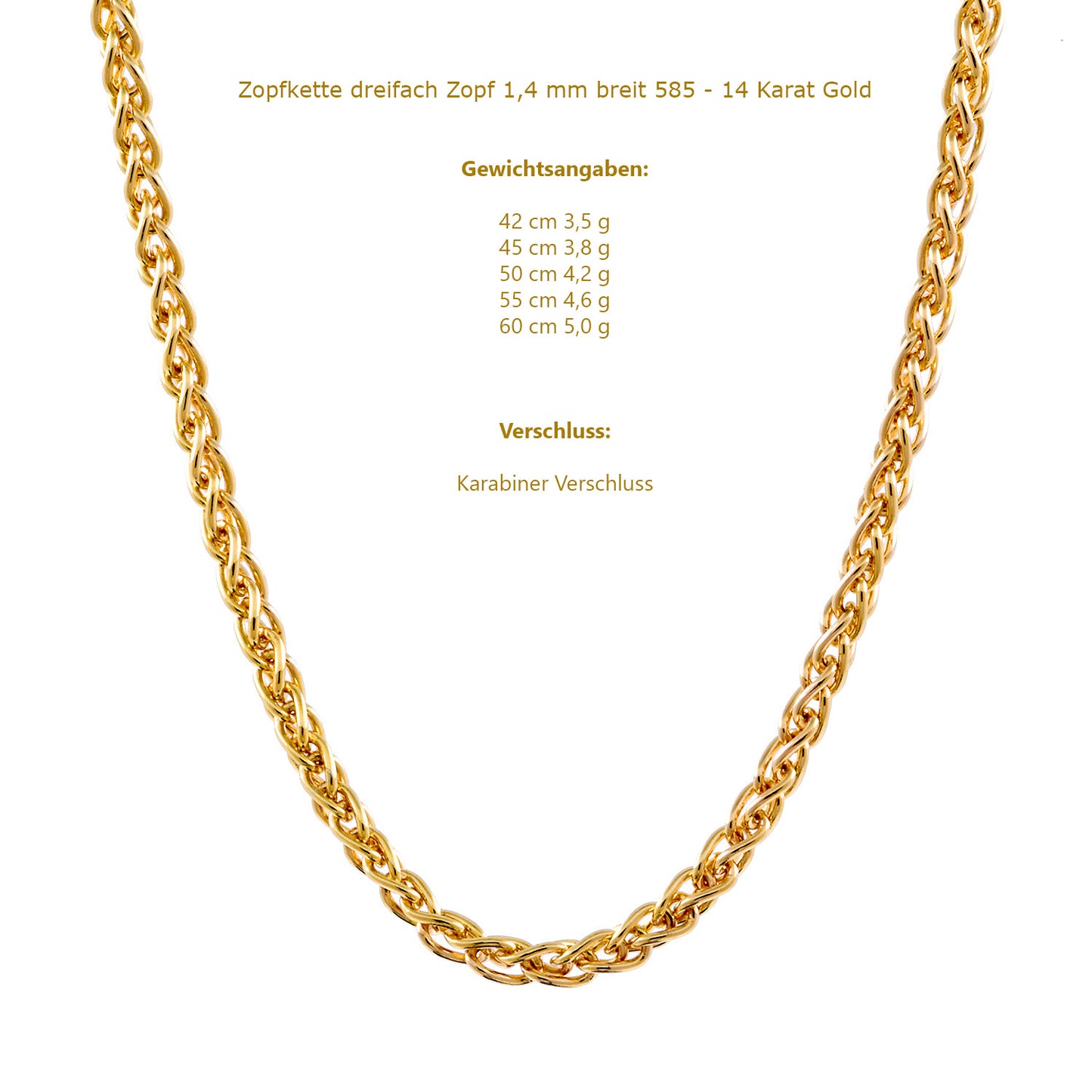 Goldkette Zopfkette Halskette Breite 1,4 mm massiv 585 - 14 Karat Gold