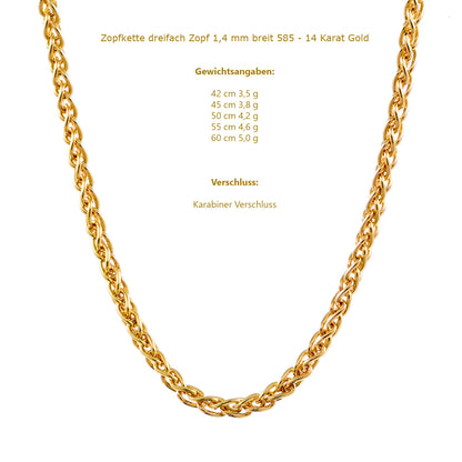 Goldkette Zopfkette Halskette Breite 1,4 mm massiv 585 - 14 Karat Gold